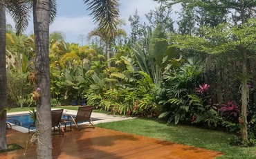 Gramado clientes Itograss Lucio Costa Gramado sendo visto ao lado de piscina com várias plantas ao redor